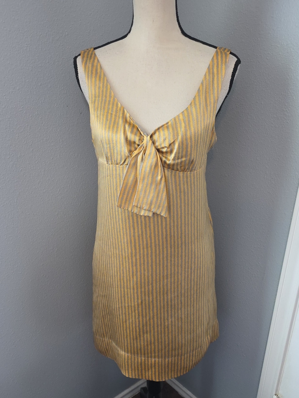 Intuitions Silk Striped Dress in Yellow and Gray Sz 4
